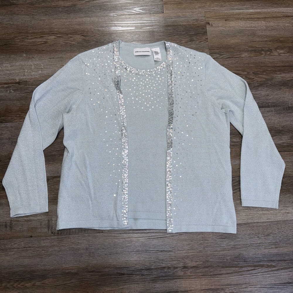 Alfred Dunner Pale Blue Faux Twin Sweater Womens Large Delicate Sequin Neckline